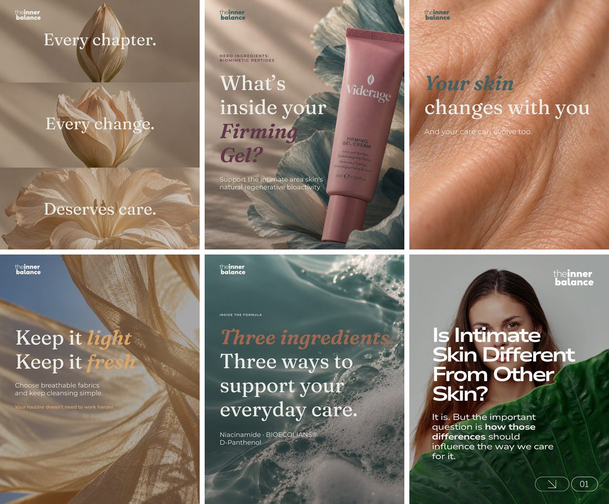Seis publicaciones del feed de The Inner Balance: flores, producto, piel y agua en tonos cálidos y verdes.