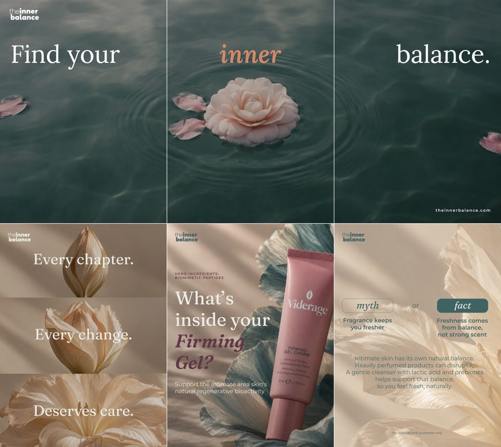 Perfil de Instagram de The Inner Balance: una fila de tres posts forma una sola imagen con la frase Find your inner balance, sobre sus publicaciones anteriores.