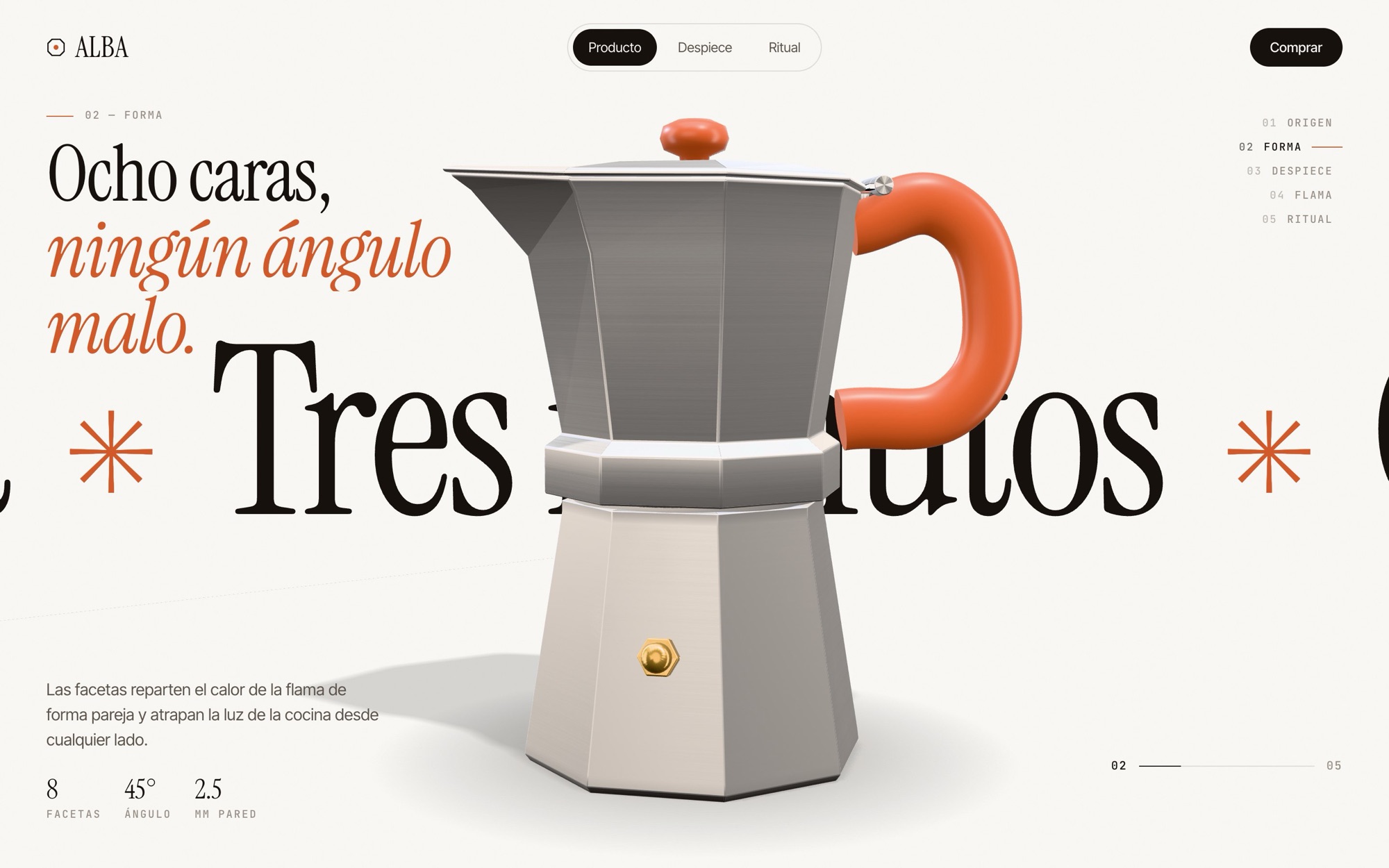 La moka de perfil con el asa al frente y el titular «Ocho caras, ningún ángulo malo».