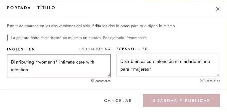 Editor con el título en inglés y en español lado a lado y el botón Guardar y publicar.