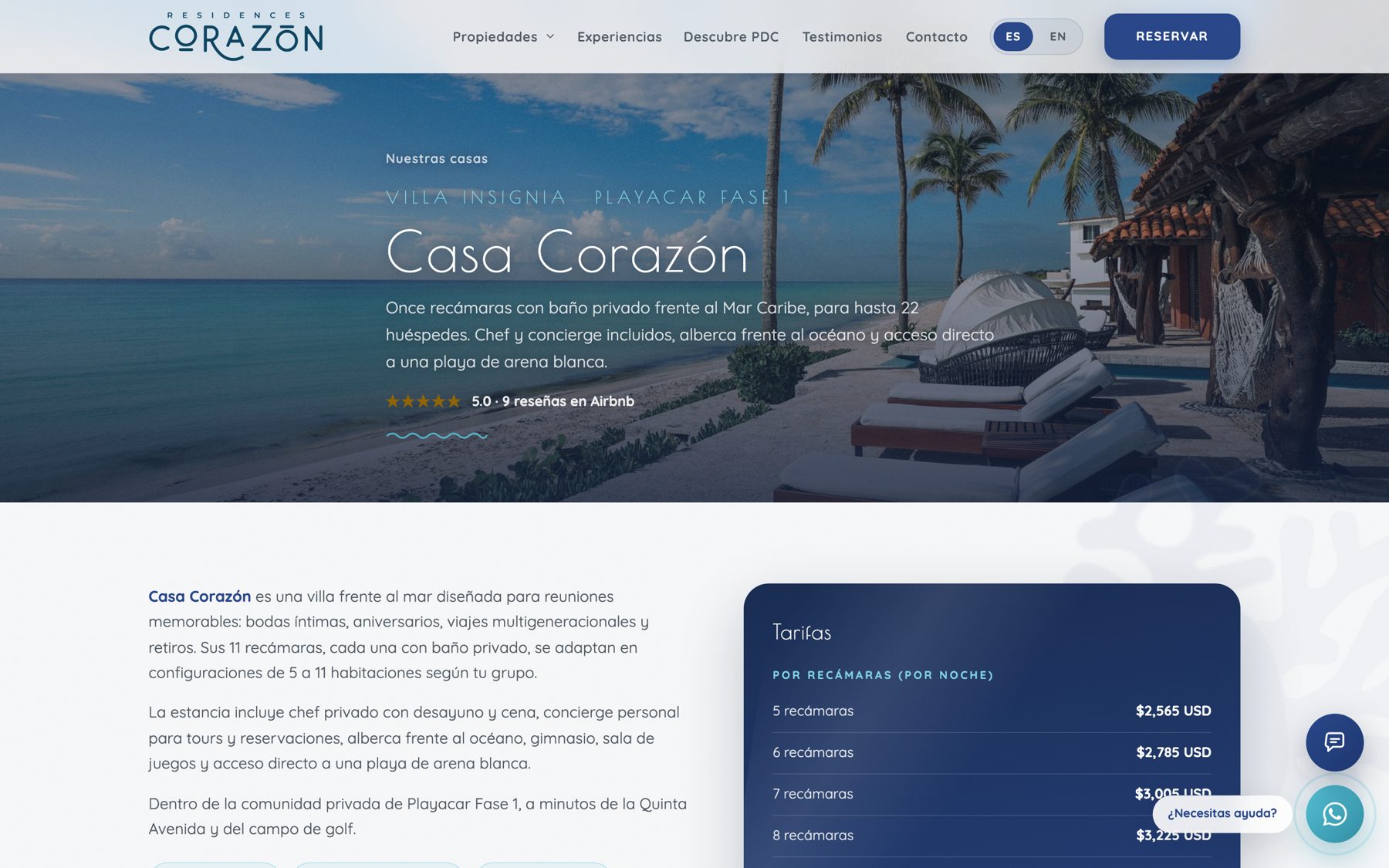 Página de Casa Corazón con su descripción y la tabla de tarifas por recámaras.