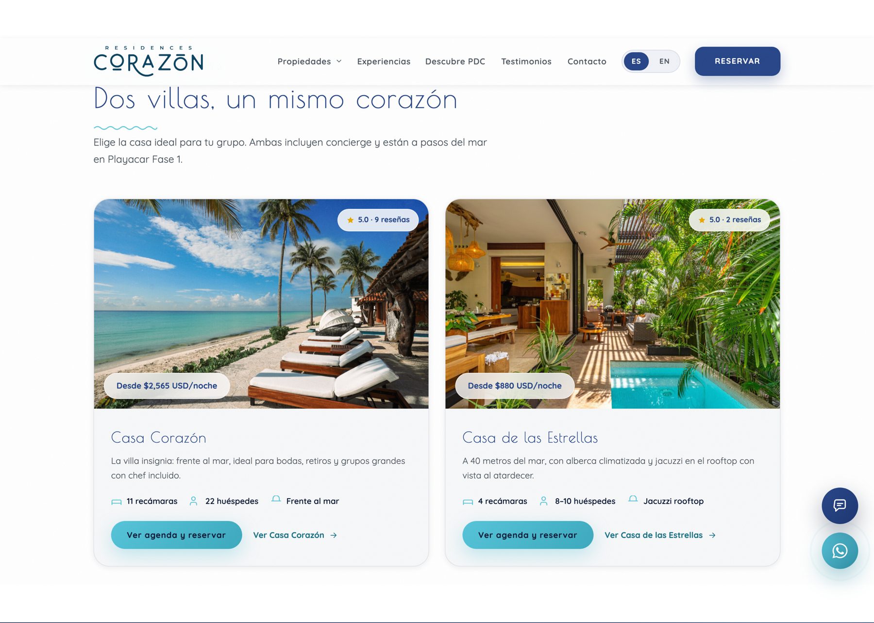 Las dos villas: Casa Corazón y Casa de las Estrellas, con precio desde, recámaras y huéspedes.