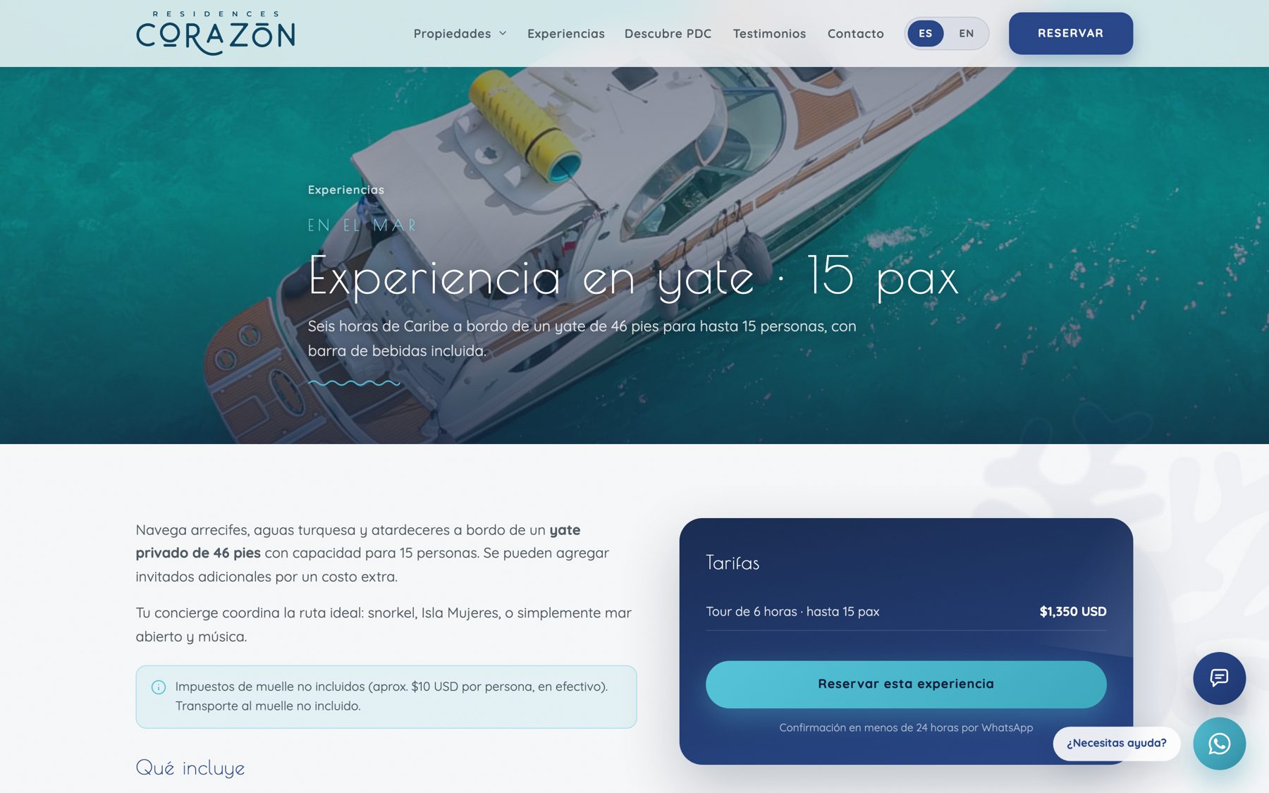 Página de la experiencia en yate para 15 personas, con su tarifa y botón para reservar.