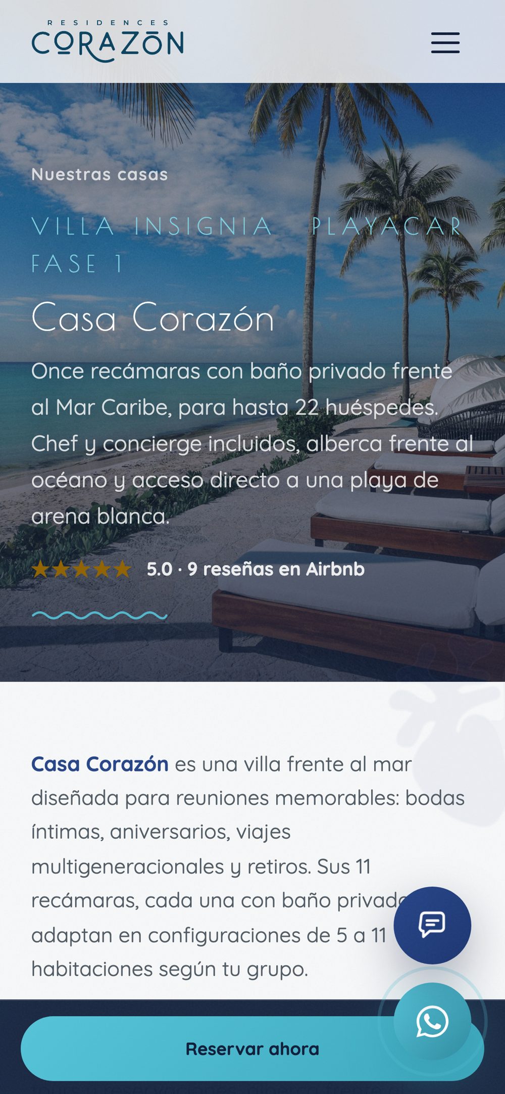 Ficha de Casa Corazón en el celular: «Villa insignia, Playacar Fase 1», con foto de la terraza frente al mar.