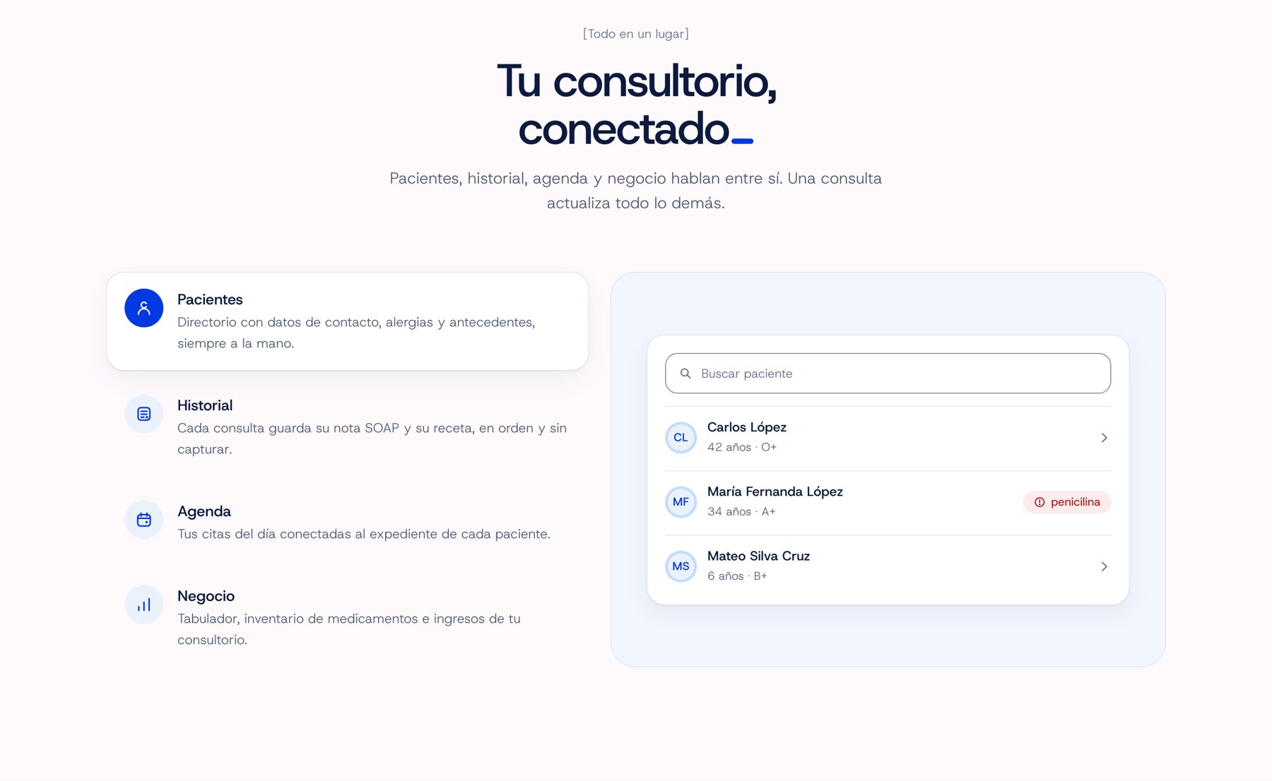 Módulos de Escrivo: pacientes, historial, agenda y negocio, con el directorio de pacientes.