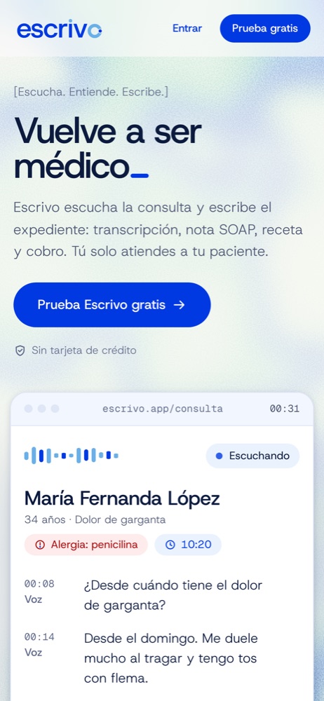 La landing de Escrivo en un teléfono.
