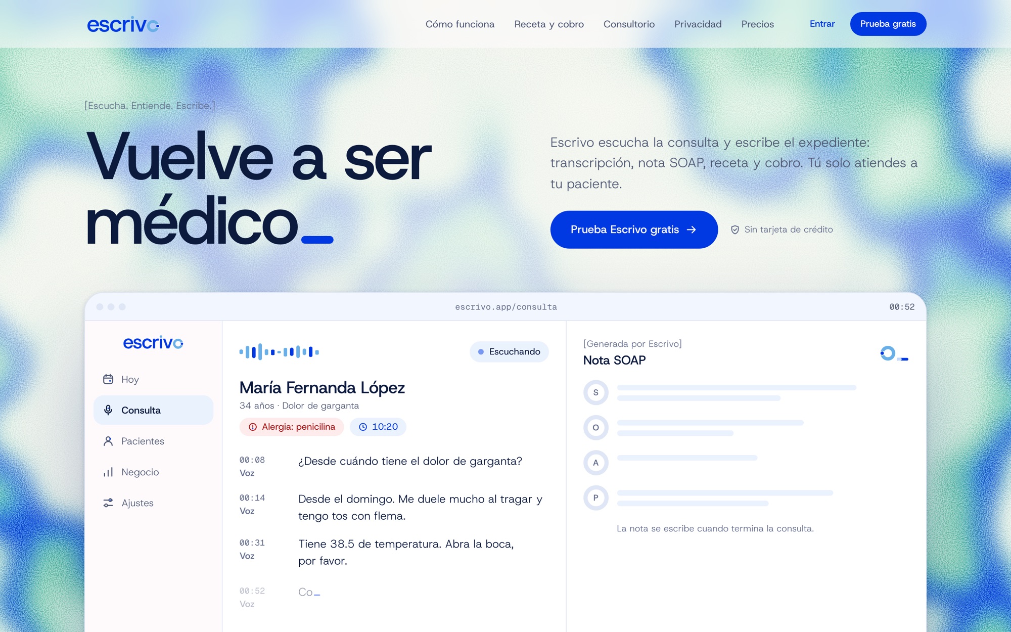 Portada del sitio de Escrivo: «Vuelve a ser médico» sobre un fondo de aura azul y menta, con la app de consulta debajo.