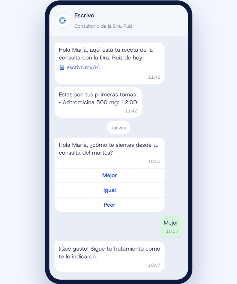 Mensajes de WhatsApp al paciente: receta, tomas del día y seguimiento Mejor, Igual o Peor.