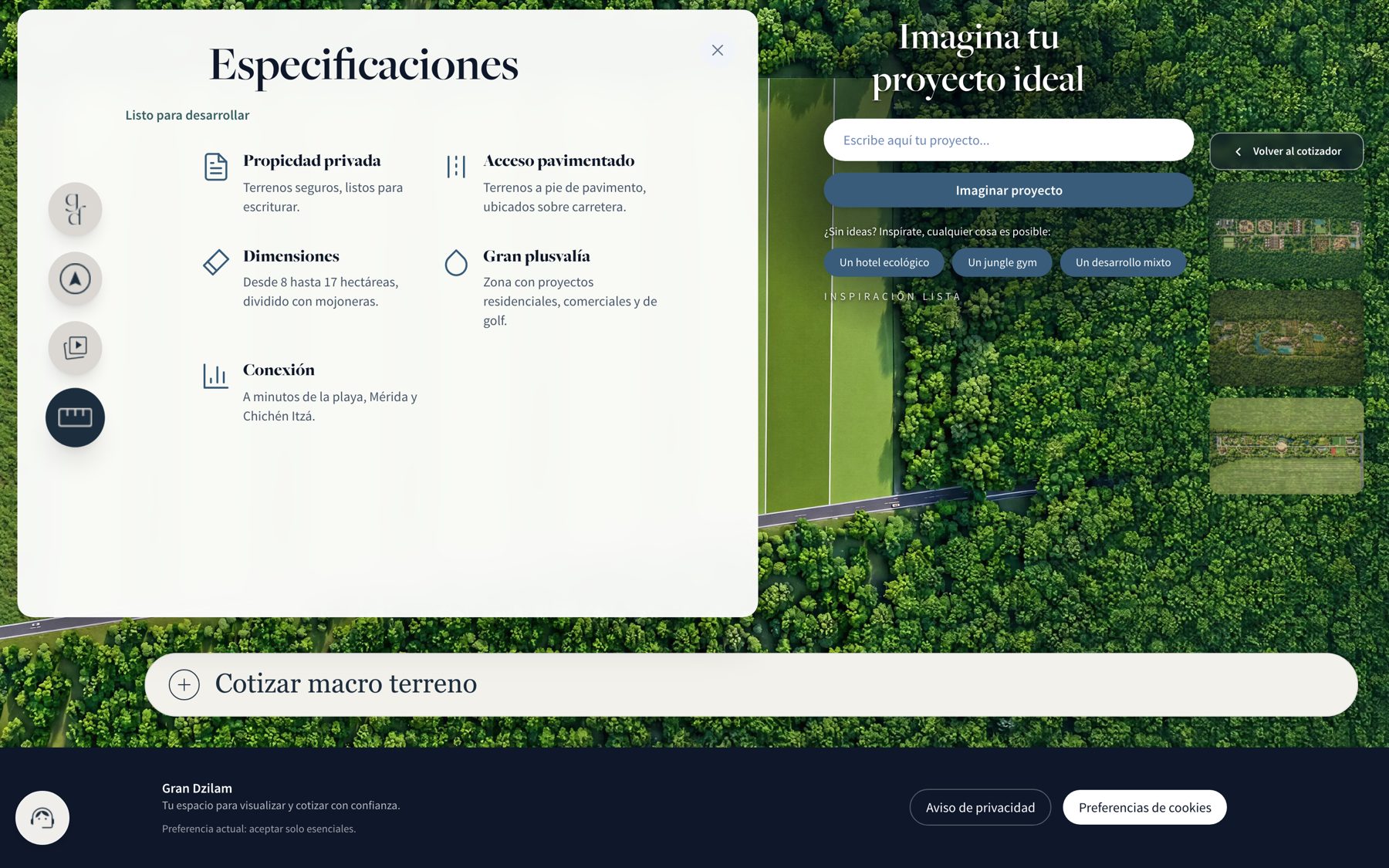 Especificaciones: propiedad privada, acceso pavimentado, dimensiones, plusvalía y conexión.