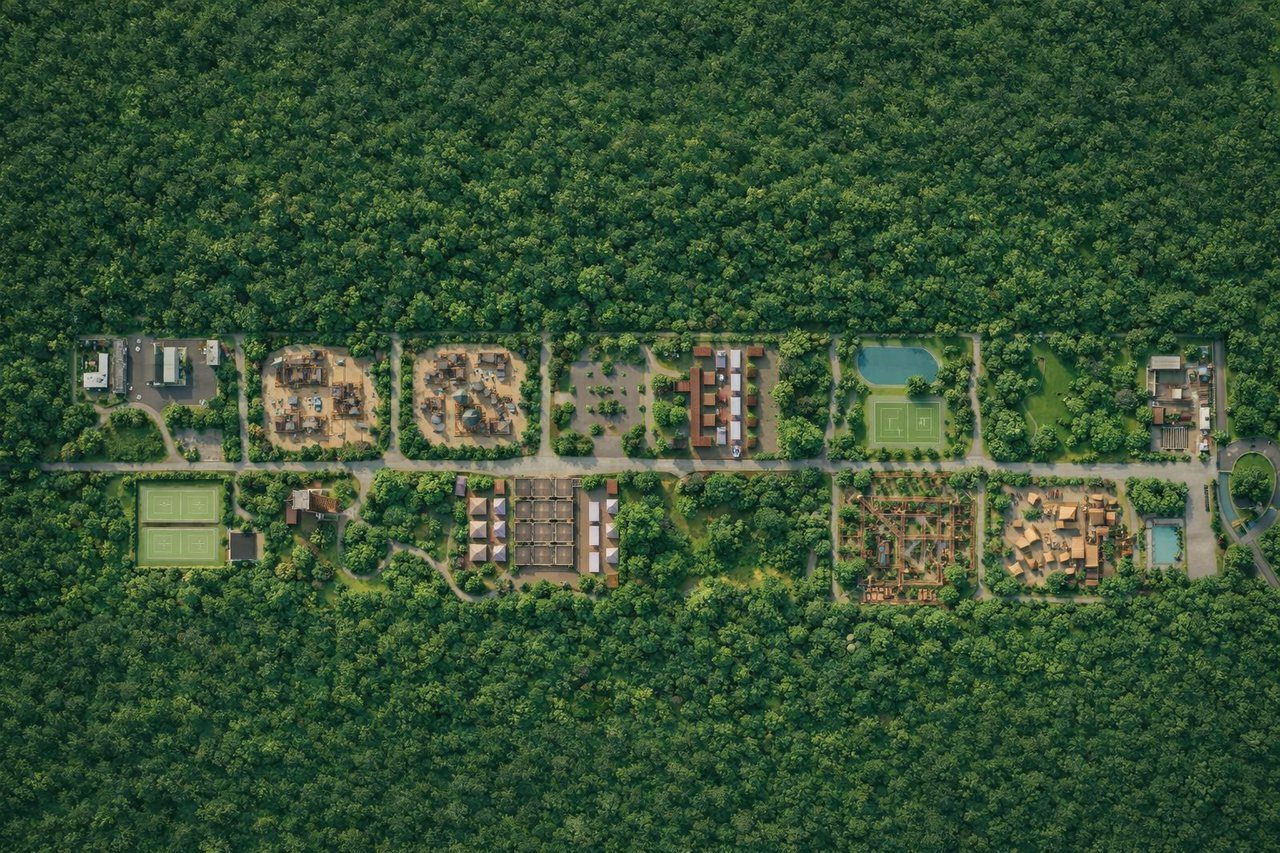 Vista aérea de parcelas organizadas a lo largo de un camino central, rodeadas de selva.