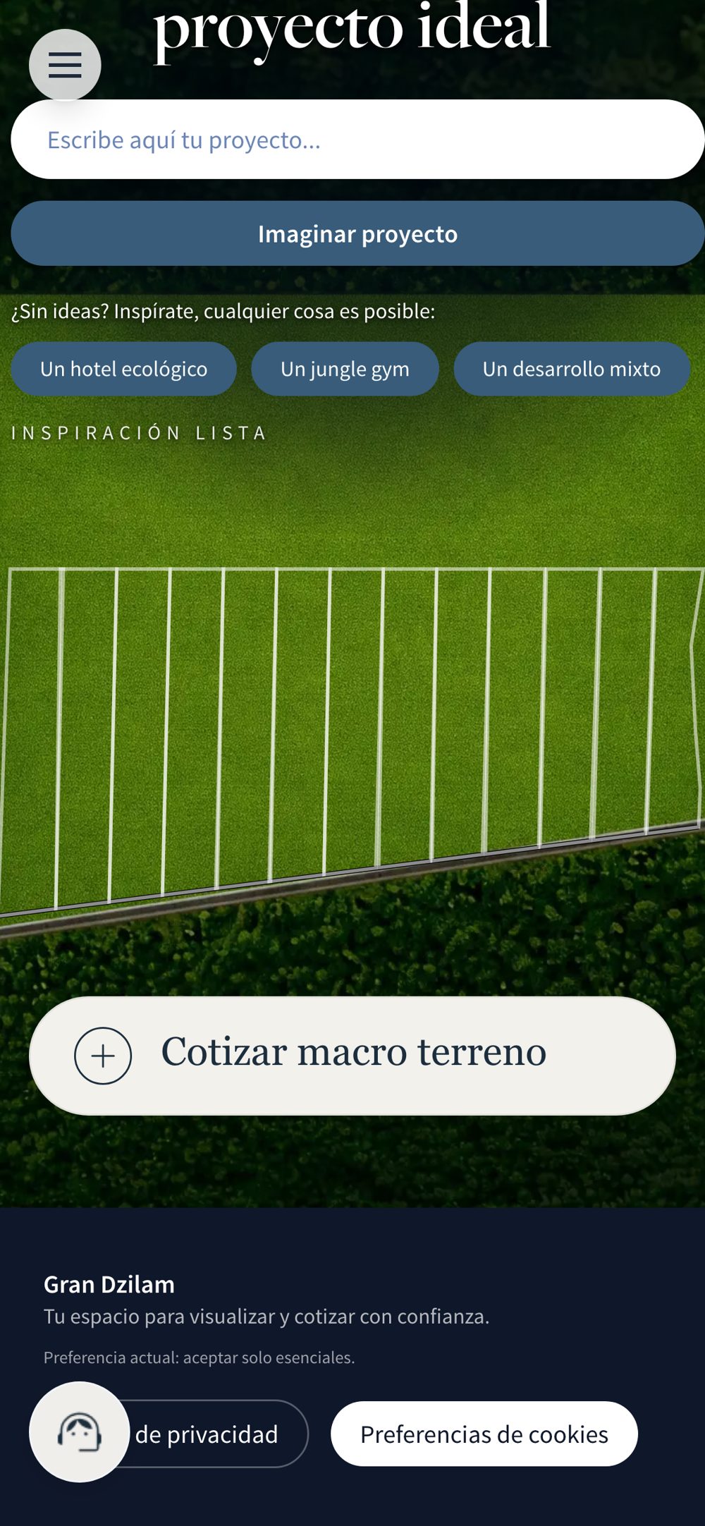 Gran Dzilam en el celular: «Imagina tu proyecto ideal» sobre el plano de lotes.