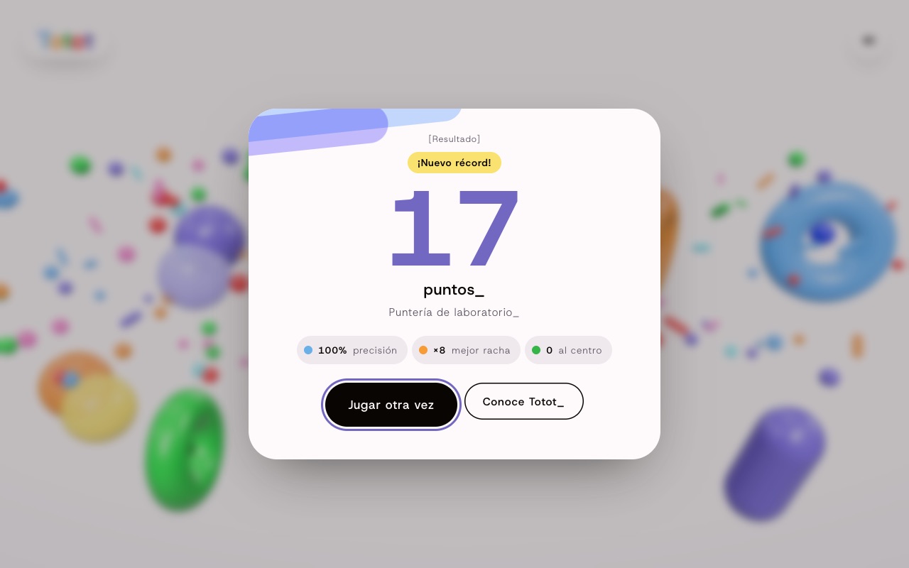 Tarjeta de resultados: ¡Nuevo récord!, 17 puntos, «Puntería de laboratorio», 100% de precisión y mejor racha de ×8.