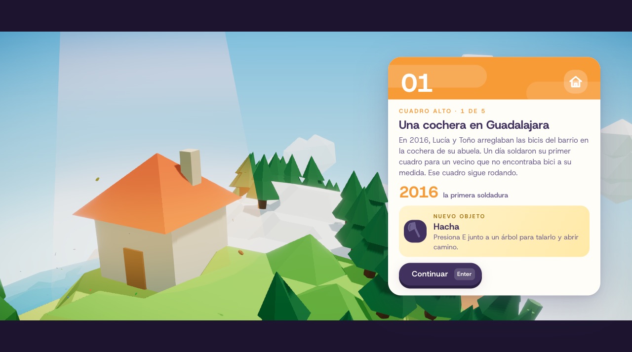 Tarjeta de la estación 1 junto a la casita: «Una cochera en Guadalajara», 2016, la primera soldadura; premio: hacha.